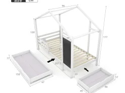 Cama cabine 90x200cm - madeira maciça - com quadro preto e 2 gavetas - Branco