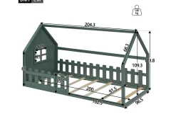 Cama cabine 90x200cm, cama plana infantil com bar, estrado de ripas, pinho, verde