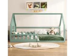 Cama cabine 90x200cm, cama plana infantil com bar, estrado de ripas, pinho, verde