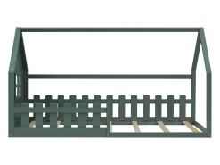 Cama cabine 90x200cm, cama plana infantil com bar, estrado de ripas, pinho, verde