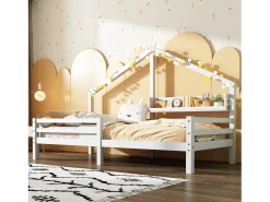 Cama cabine 90x200cm em madeira maciça - com prateleiras - Branca