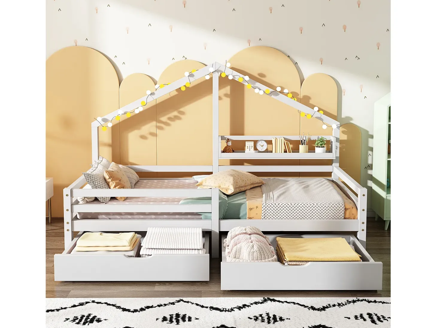 Cama cabine 90x200cm em madeira maciça - com prateleiras e 2 gavetas - Branco