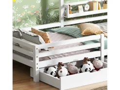 Cama cabine 90x200cm em madeira maciça - com prateleiras e 2 gavetas - Branco