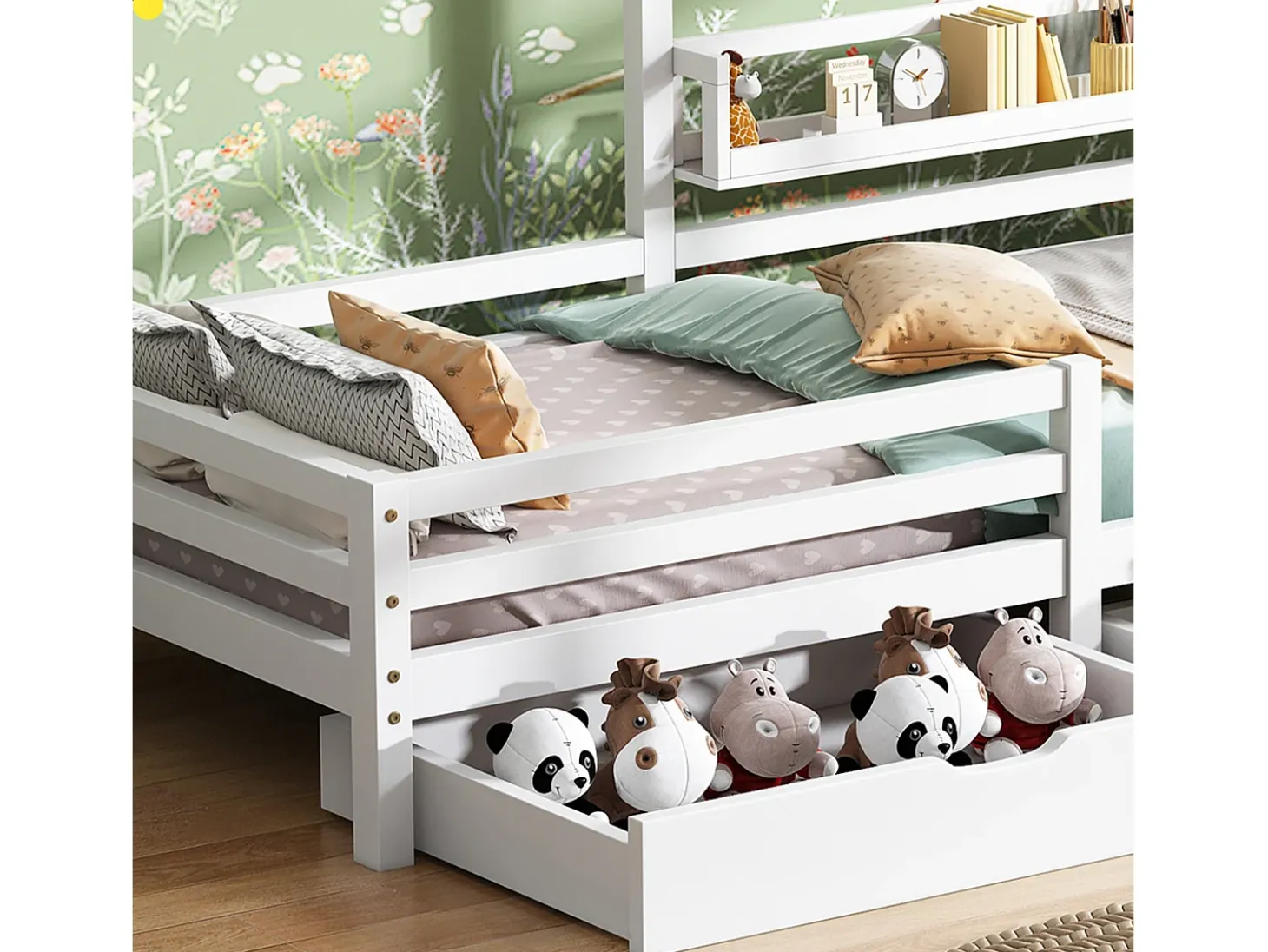 Cama cabine 90x200cm em madeira maciça - com prateleiras e 2 gavetas - Branco