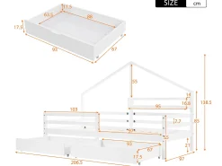 Cama cabine 90x200cm em madeira maciça - com prateleiras e 2 gavetas - Branco