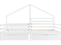 Cama cabine 90x200cm em madeira maciça - com prateleiras e 2 gavetas - Branco