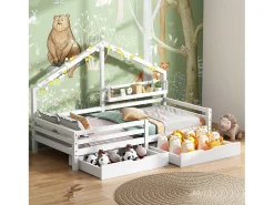 Cama cabine 90x200cm em madeira maciça - com prateleiras e 2 gavetas - Branco