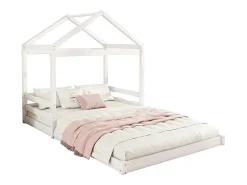 Cama cabine 140x200cm em madeira maciça - com base em ripado - Branca (colchão não incluído)
