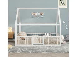 Cama cabine 140x200cm em metal - com barreiras e porta - Branco