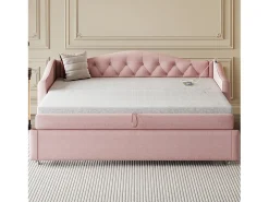 Cama Cama de criança 90 x 200 cm - com porta USB e estrado de ripas - linho rosa - colchão não incluído