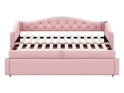 Cama Cama de criança 90 x 200 cm - com porta USB e estrado de ripas - linho rosa - colchão não incluído