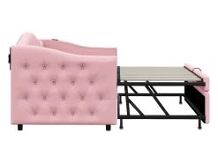 Cama Cama de criança 90 x 200 cm - com porta USB e estrado de ripas - linho rosa - colchão não incluído