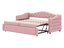 Cama Cama de criança 90 x 200 cm - com porta USB e estrado de ripas - linho rosa - colchão não incluído
