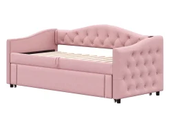 Cama Cama de criança 90 x 200 cm - com porta USB e estrado de ripas - linho rosa - colchão não incluído