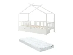 Cama casa 90 x 190 cm com gavetas em pinho e MDF em branco + colchão - KIRALIO