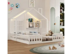 Cama casa infantil 90 x 200 cm - con iluminação LED - con barreiras de segurança - con prateleiras de armazenamento - branco (colchão não incluído)