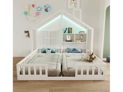 Cama casa infantil 90 x 200 cm - con iluminação LED - con barreiras de segurança - con prateleiras de armazenamento - branco​ (colchão não incluído)