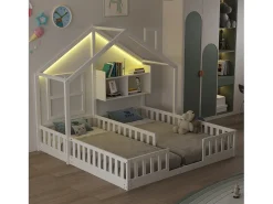 Cama casa infantil 90 x 200 cm - con iluminação LED - con barreiras de segurança - con prateleiras de armazenamento - branco​ (colchão não incluído)