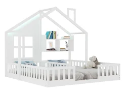 Cama casa infantil 90 x 200 cm - con iluminação LED - con barreiras de segurança - con prateleiras de armazenamento - branco​ (colchão não incluído)