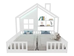 Cama casa infantil 90 x 200 cm - con iluminação LED - con barreiras de segurança - con prateleiras de armazenamento - branco​ (colchão não incluído)