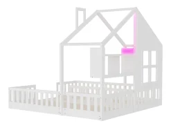 Cama casa infantil 90 x 200 cm - con iluminação LED - con barreiras de segurança - con prateleiras de armazenamento - branco​ (colchão não incluído)