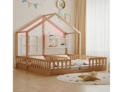 Cama casa infantil 90 x 200 cm - con iluminação LED - con barreiras de segurança - con prateleiras de armazenamento - natural (colchão não incluído)