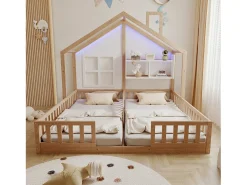 Cama casa infantil 90 x 200 cm - con iluminação LED - con barreiras de segurança - con prateleiras de armazenamento - natural​ (colchão não incluído)