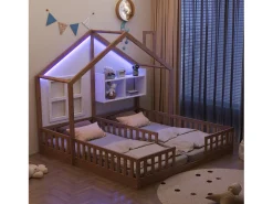 Cama casa infantil 90 x 200 cm - con iluminação LED - con barreiras de segurança - con prateleiras de armazenamento - natural​ (colchão não incluído)
