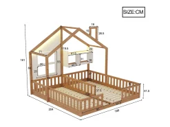 Cama casa infantil 90 x 200 cm - con iluminação LED - con barreiras de segurança - con prateleiras de armazenamento - natural​ (colchão não incluído)