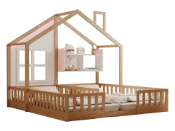Cama casa infantil 90 x 200 cm - con iluminação LED - con barreiras de segurança - con prateleiras de armazenamento - natural​ (colchão não incluído)