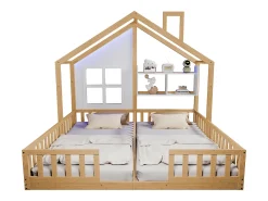 Cama casa infantil 90 x 200 cm - con iluminação LED - con barreiras de segurança - con prateleiras de armazenamento - natural​ (colchão não incluído)