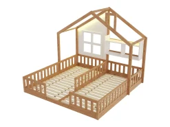 Cama casa infantil 90 x 200 cm - con iluminação LED - con barreiras de segurança - con prateleiras de armazenamento - natural​ (colchão não incluído)