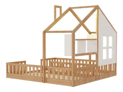 Cama casa infantil 90 x 200 cm - con iluminação LED - con barreiras de segurança - con prateleiras de armazenamento - natural​ (colchão não incluído)