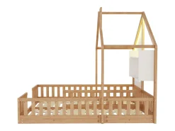 Cama casa infantil 90 x 200 cm - con iluminação LED - con barreiras de segurança - con prateleiras de armazenamento - natural​ (colchão não incluído)