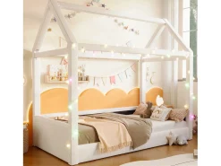 Cama casa 90x200cm - com fita de luz LED - Design de telhado - MDF - Bege (colchão não incluído)