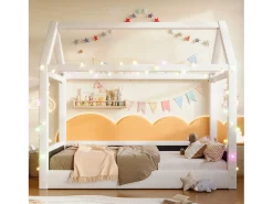 Cama casa 90x200cm - com fita de luz LED - Design de telhado - MDF - Bege (colchão não incluído)