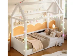 Cama casa 90x200cm - com fita de luz LED - Design de telhado - MDF - Bege (colchão não incluído)