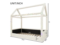 Cama casa 90x200cm - com fita de luz LED - Design de telhado - MDF - Bege (colchão não incluído)