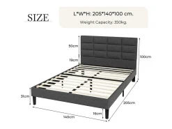 Cama casal acolchoada 140x200 cm em linho, com cabeceira e soalho de ripas, Cinza antracite