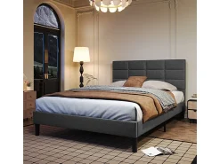 Cama casal acolchoada 140x200 cm em linho, com cabeceira e soalho de ripas, Cinza antracite