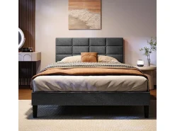 Cama casal acolchoada 140x200 cm em linho, com cabeceira e soalho de ripas, Cinza antracite