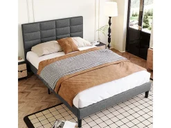 Cama casal acolchoada 140x200 cm em linho, com cabeceira e soalho de ripas, Cinza antracite
