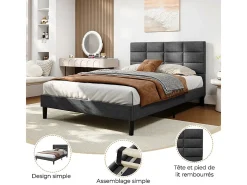 Cama casal acolchoada 140x200 cm em linho, com cabeceira e soalho de ripas, Cinza antracite