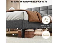 Cama casal acolchoada 140x200 cm em linho, com cabeceira e soalho de ripas, Cinza antracite