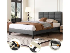 Cama casal acolchoada 140x200 cm em linho, com cabeceira e soalho de ripas, Cinza antracite