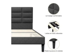 Cama casal acolchoada 140x200 cm em linho, com cabeceira e soalho de ripas, Cinza antracite