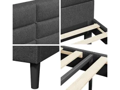 Cama casal acolchoada 140x200 cm em linho, com cabeceira e soalho de ripas, Cinza antracite