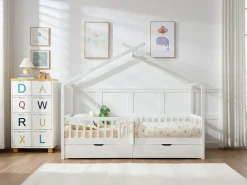 Cama casinha 90 x 190 cm com gavetas em pinho e MDF na cor branca - KIRALIO
