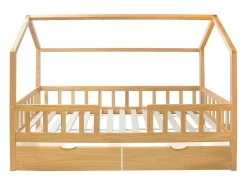 Cama casinha com grade + 2 gavetas em madeira pinho 90x190cm