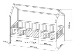 Cama casinha com grade + 2 gavetas em madeira pinho 90x190cm